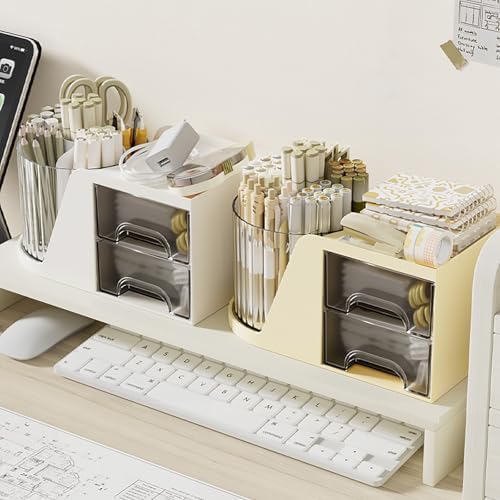 Desk Organizer with Rotating Pencil Pen Holder and 2 Small Drawers, Desk Caddy for Office Workspace Organization and Storage (White)