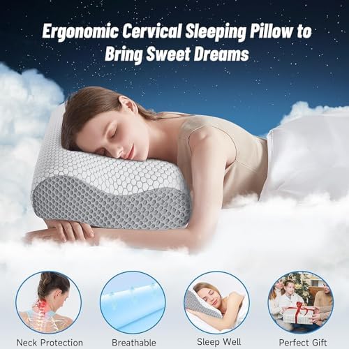 Neck Pillow for Sleeping, Ergonomic Cervical Bed Pillow, Grey King Size