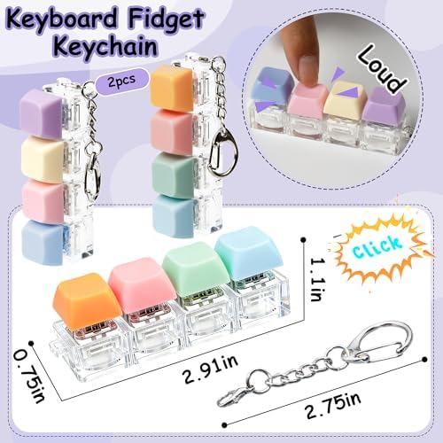 2 PCS Keyboard Fidget Toy, Keyboard Fidget Keychain 4-in-1 Keyboard Decompression Button Finger Clicker Toys, Button Stress Relief Fidget Gifts to Relief Stress (Purple Blue Pink Orange)