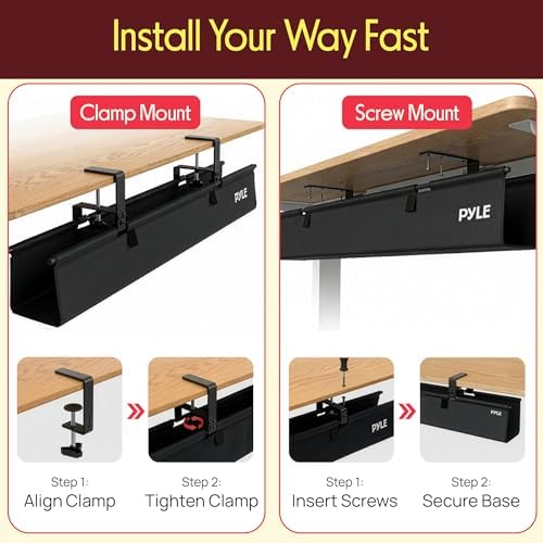 Pyle 48" Under Desk Cable Management Tray, Under Desk Wire Organizer with Clamp or Screw Mount, Desk Cable Organizer with Fabric Design for Large Workstations, Built-in Ties, 20 lb Capacity, Black