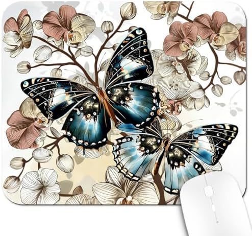 9.5x7.9 Inch Office/Gaming Mouse Pad, Vintage Blue Butterflies on Orchids Flowers Elegant Floral Art, Cute Anti-Slip Mat for Desk Decor