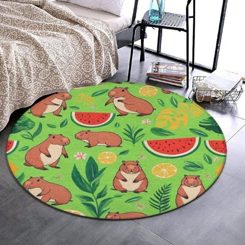 Women's Large Home Decor Mat, Soft Round Yoga Carpet, Non Slip Machine Washable Home Office Circle Rug Cute Capybaras Fruits Floral