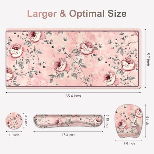 4 in 1 Large Mouse Pad, Keyboard Wrist Rest Set, Ergonomic Mouse Pad with Wrist Support, Desk Mat with Stitched Edges Extended Desk Pad Waterproof Desk Mat for Home Office Game I Pink Rose Flowers