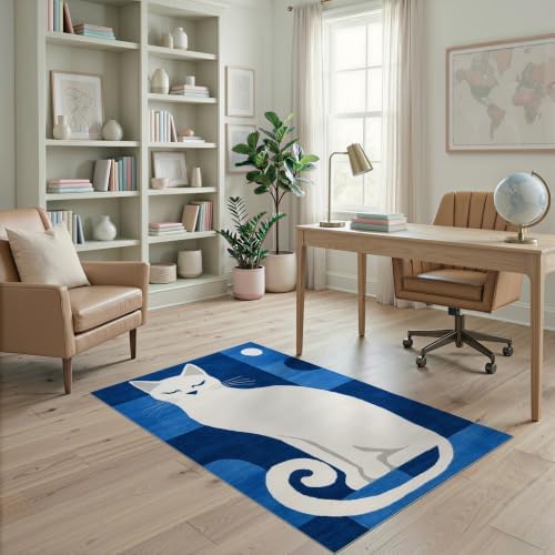 4'x6' Blue White Cat Sapphire Design Ultra-Soft Area Rug
