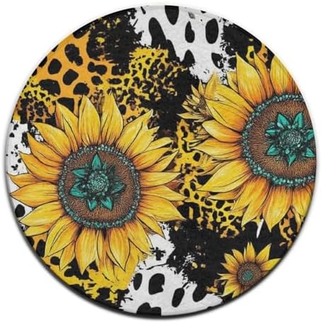 Machine Washable Modern Round Area Rug, Room Sofa Yoga Soft Round Carpet, Home Decor Non Slip Kitchen Office Circle Rug Retro Sunflowers Animal Leopard Print Art, 36inch