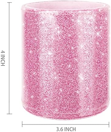 Glitter Pen Holder for Desk, Cute Pencil Cup Pink for Women Girls, Luxury Makeup Brush Holder Large Pu Leather Multi-Functional Organizer Cup for Office, Classroom, Home, Glitter Pink