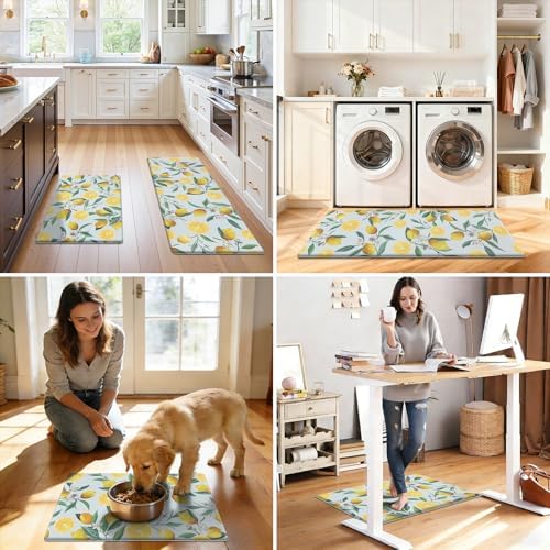 SHACOS Anti Fatigue Lemon Kitchen Rugs Mats Set of 2 Pieces Non Slip Soft Cushioned Standing Mat and Runner Wipeable Waterproof Floor Mat, 17"x27.5"+17"x47", Light Blue