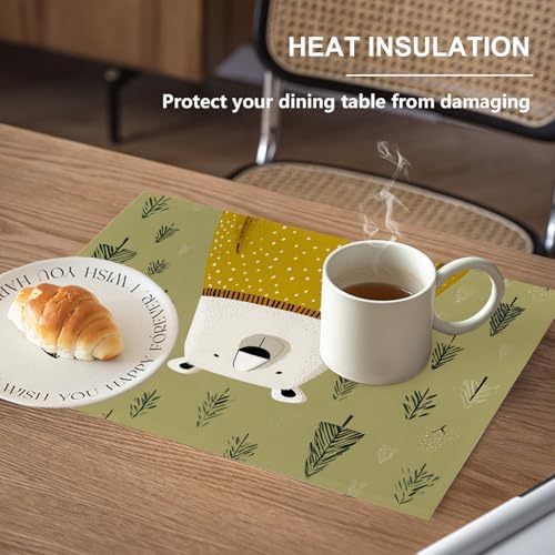 White Bear Yellow Sweater Linen Placemats, in Tree Background Table Mats for Table Washable Heat Insulation Thick Dining Mat, Indoor/Outdoor 12X18 in 4 Pcs