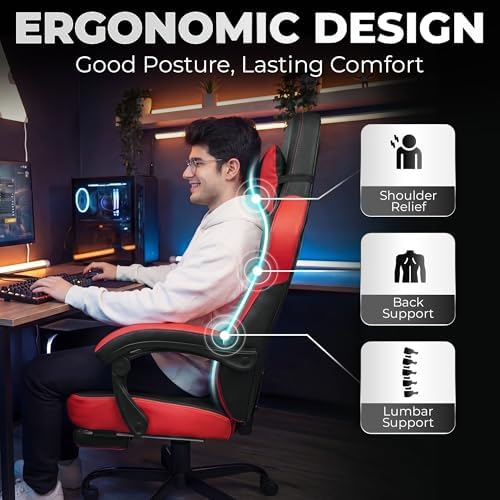 N-GEN GAMING Big & Tall Gaming Chair with Footrest, Lumbar Support, Red