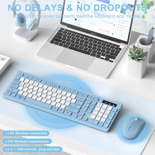 Wireless Keyboard and Mouse Combo Silent for Office and Home(Misty Blue-B)
