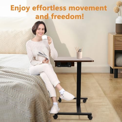 CLATINA Mobile Laptop Standing Desk, Height Adjustable Teacher Podium with Lockable Wheels, Adjustable Work Table with Drawer, Computer Cart Overbed Table for Home Office Classroom, Brown