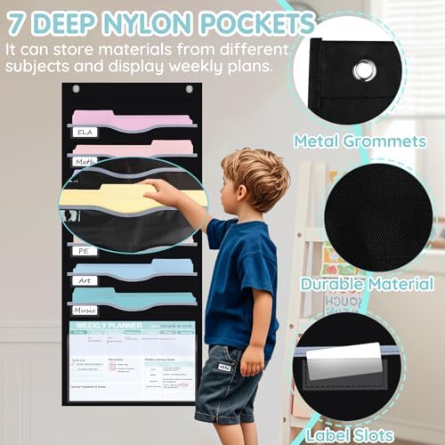 ALSLEA 8 Pockets Hanging Wall File Organizer 15" Extra Wide Pocket Chart for Classroom, Office, Home, Mail Organizer Wall Mounted with 1 Writable Clear Pocket, 5 Wall/ Door Hooks & 12 Labels (Black)