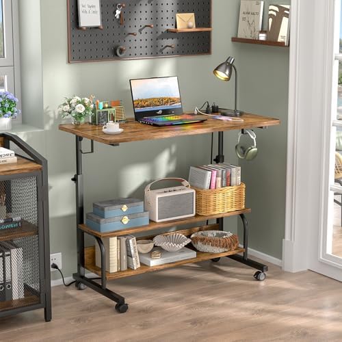 Besiost 32" Height Adjustable Standing Desk with Power Outlets - Manual Rolling Stand Up Desk with Wheels Small Portable Computer Desk Mobile Laptop Table with Storage Shelves for Home Office, Rustic