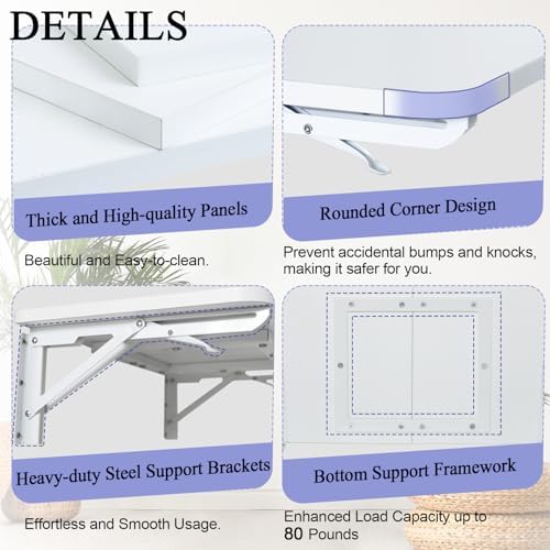 TEAMIX Wall Mounted Folding Desk for Small Spaces, White Floating Shelf