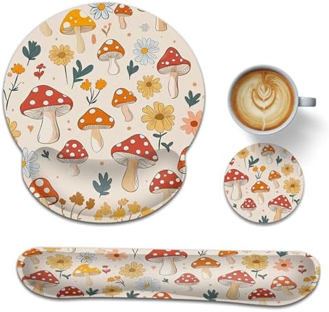 Ergonomic Memory Foam Wrist Rest Set for Keyboard and Mouse,Cute Mushroom Flower Supportive Mouse Pad with Non Slip Base for Office Work and Gaming