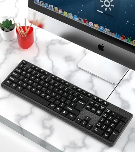 Guiheng Wired Computer Keyboard, Plug Play USB, Large Number Pad, LED Indicators，Ergonomic, Foldable Stands,Anti-Wear Letters Full Size Keyboard,for Windows Mac PC Laptop-Black