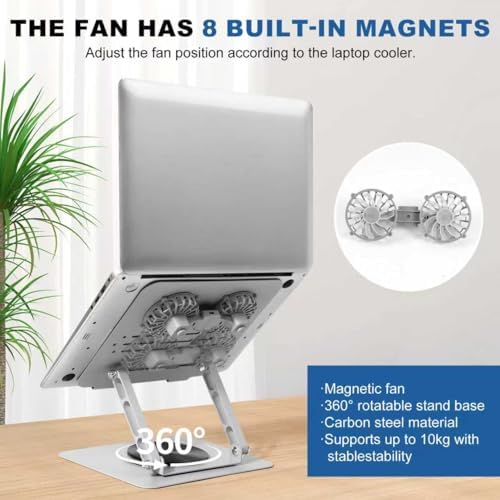 Laptop Cooling Stand with 2 Detachable Fans, 360° Rotating Adjustable Laptop Stand, Carbon Steel Ergonomic Laptop Riser, Anti-Slip Base for 10-17.3" Notebook MacBook, Office Home Gaming