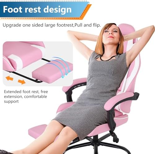 PayLessHere Ergonomic Racing Desk Chair Computer Chair Gaming Chair with Footrest Lumbar Support Headrest Armrest Task Rolling Swivel Ergonomic E-Sports Adjustable PC Gamer Chair (Pink)
