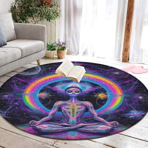 Highly Premium Quality Floor Mat, Office Chair Decor Mat, Room Sofa Yoga Soft Round Carpet Trippy Blue Tie Dye Space Alien Meditation Art, 24inch