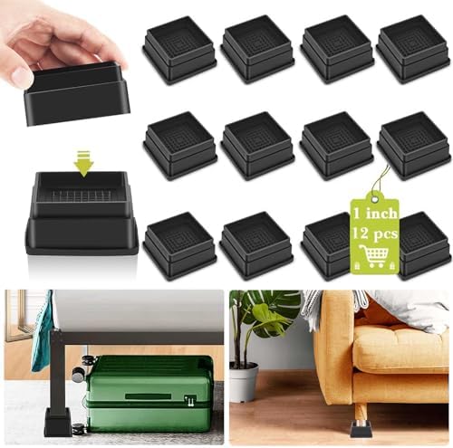 12 Pack Furniture Risers 1 Inch, Adjustable Bed Risers Heavy Duty for Table Desk Couch Chair Sofa Cabinet Bed Frame Dorm, Square Stackable Table Leg Risers Lift Height 1", 2" or 3", Black