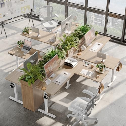 TIQLAB L Shaped Standing Desk Adjustable Height, Electric Corner Standing Desk, 63 x 55 inch Sit Stand Computer Table with Splice Board, Light Walnut