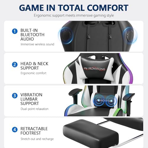 Mr IRONSTONE RGB Gaming Chair with Bluetooth Speakers, Ergonomic Gamer Chair with LED Lights, Vibration Lumbar Support, Footrest and High Back Reclining Design for Adults, Black