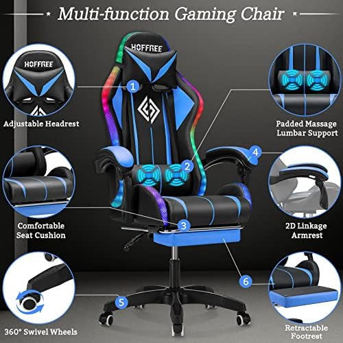 RGB Gaming Chair with LED Lights Massage Ergonomic Computer Chairs-Blue