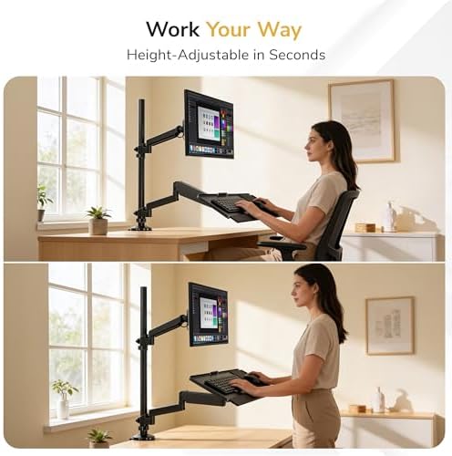 Mount-It! Sit-Stand Monitor Arm Desk Mount with Keyboard Tray, Single Monitor Fits Up to 32”, Height Adjustable Gas Spring, Full Motion Articulating Arm, Clamp or Grommet, Black