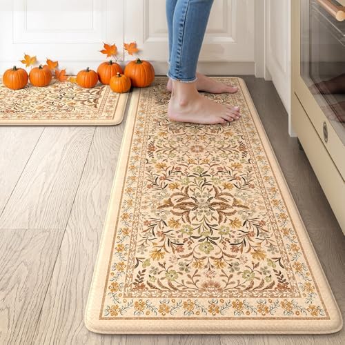 Collive Fall Anti Fatigue Kitchen Mats, Orange Floral Kitchen Rugs