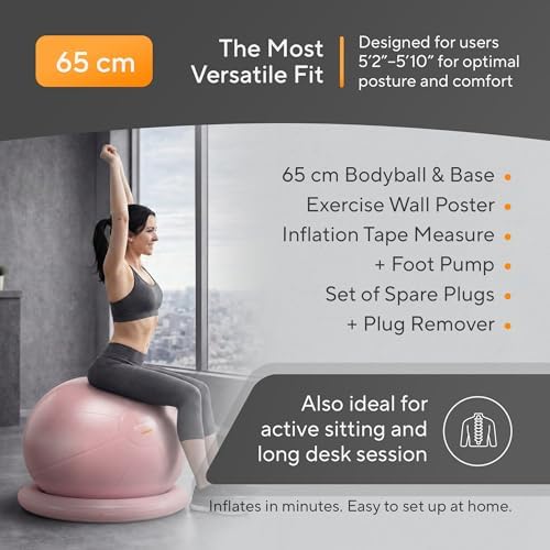 Yoga Ball Chair for Office Desk with Base - Ergonomic Balance & Stability Exercise Ball Seat for Adults - Active Sitting for Posture, Core & Back Pain Relief, Home Gym, Therapy, Pump