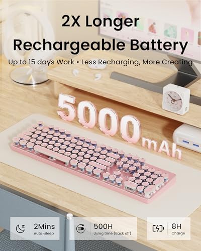 Wireless Typewriter Style Mechanical Keyboard with White Backlit, Pink