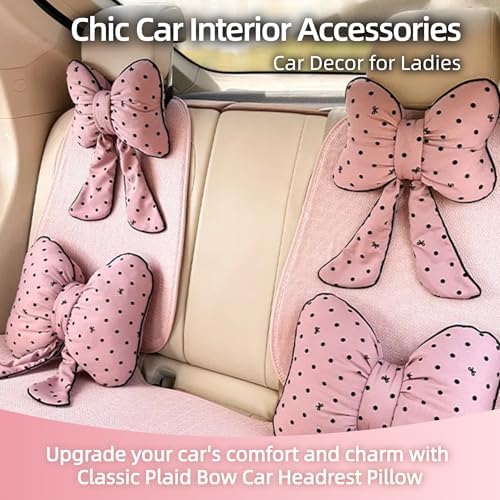 2PCS Chic Car Headrests with Bow-Shaped Cotton Linen Bowknot Neck Pillows for Cozy Road Trip & Cute Interior Decoration (Pink Polka)