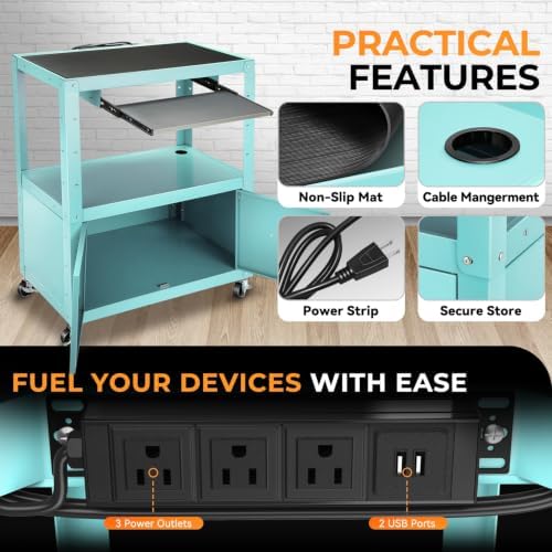 Auto Dynasty Rolling AV Cart, Height Adjustable with Lock Storage, Sky Blue