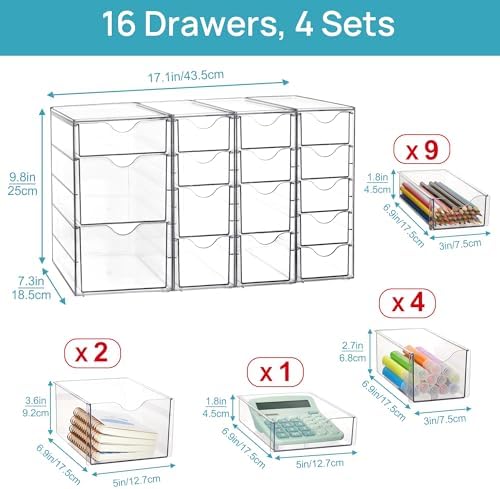 Vtopmart 4 Set Acrylic Desk Organizer with 16 Drawers for Office, Makeup