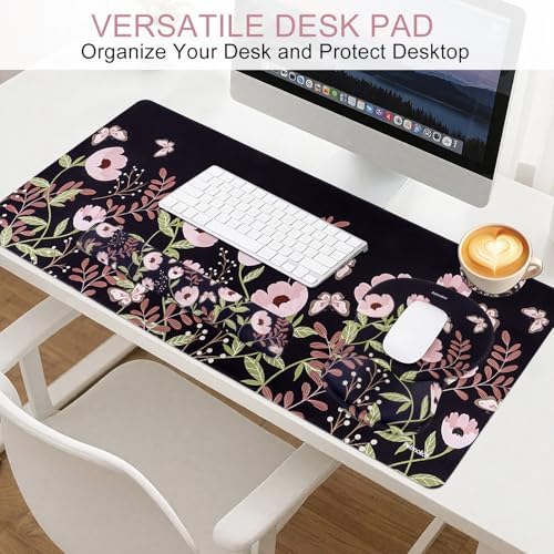 Petmolico Desk Pad Set with Wrist Rest for Keyboard & Mouse, Mint Flower