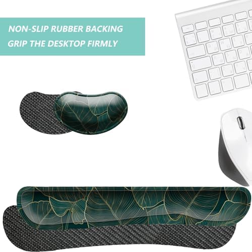 Keyboard Wrist Rest Mouse Wrist Support Set, Memory Foam Wrist Rest Pad for Computer Laptop Keyboard Mouse, Ergonomic Wrist Cushion Support for Typing Pain Relief, Gaming Home Office, Green Leaves