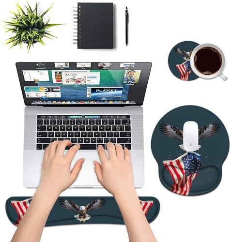 Keyboard Wrist Rest and Mouse Pad Wrist Rest Support Set with Coasters, Non-Slip PU Base for Gaming and Office, Comfortable & Lightweight for Easy Typing & Pain Relief, American Flag Patriotic Eagle