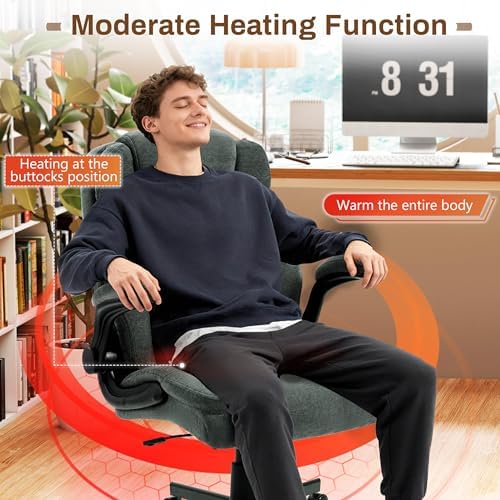 Massage Office Chair,500LBS Ergonomic Rocking Executive Desk Chairs with 4 Points Vibration&Heat,Padded Flipup Armrests for Big and Tall Office Chair,Swivel Computer Chair Fabric Green