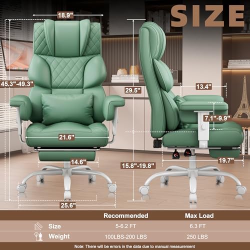 Vonesse Office Chair, Desk Chair with Soft Adjustable Armrests, Ergonomic High Back Gaming Chair with Lumbar Support, Executive Computer Chairs with Footrest (PU Leather, Green)