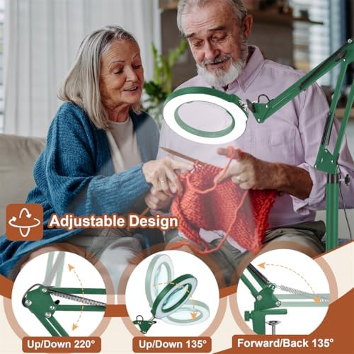 LANCOSC 15X Magnifying Glass with Light and Stand, 3-in-1 Adjustable Swing Floor Lamp, 5 Color Modes Stepless Dimmable, LED Lighted Hands Free Magnifier & Clamp for Reading, Crafts, Painting - Green