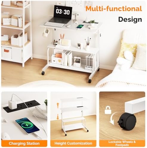 FCH 31.5" Mobile Small Standing Desk, Adjustable Height Mobile Computer Desk, w/2 AC Outlets + 3 USB Ports & Hooks, Storage Shelves, Suitable for Gaming, Studying, Home Office, White