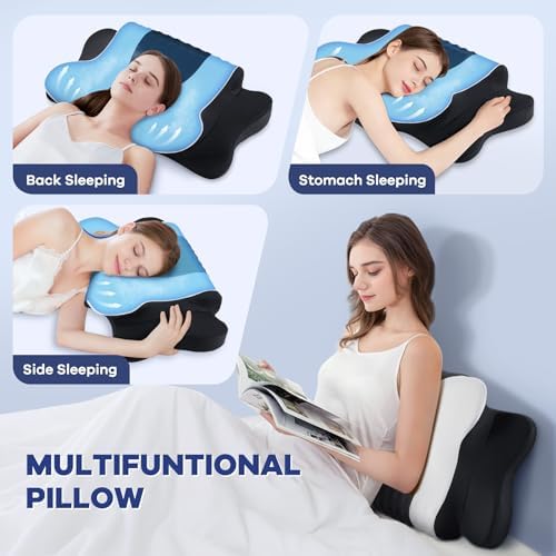 Cervical Neck Pillow for Pain Relief,Cervical Pillow with Memory Foam Ergonomic Pillows with Dual Heights for Back,Stomach and Side Sleepers Kids' Floor Pillows Cushions (Dark Black, Standard 27"×16")