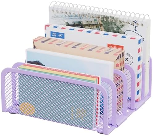 Mail Organizer Countertop, Metal File Holder with 5-Slot, Small Desk File Organizer for Letter, Bill, Mail Sorter, Desktop Letter Folder Holders for Office, Home, School (Purple)