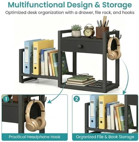 MAHANCRIS Desktop Shelf Organizer, 2-Tier Wooden Desk Bookshelf, Small Tabletop Book Shelf with Draw and Hooks, Countertop Storage Rack for Home, Office, Dorm, Black POBK2201