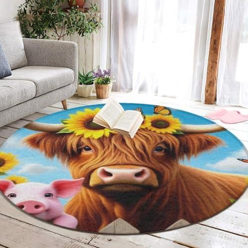 Soft Round Yoga Carpet, Office Chair Decor Round Mat for Carpet and Hardwood Floors Pig Sunflower Highland Cow