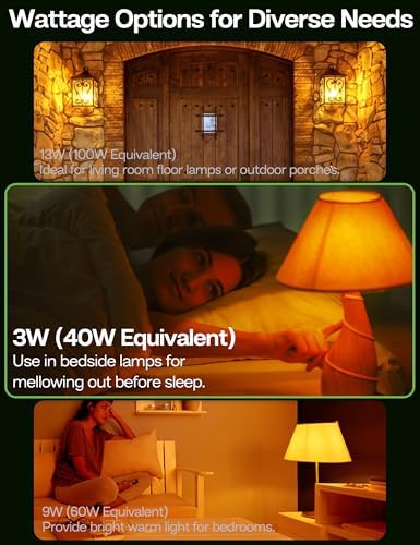 Amber Sleep Light Bulbs 4 Pack: 3W 1800K, 40W Equivalent, E26