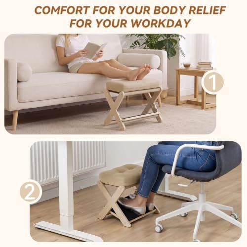 Adjustable Foot Rest Under Desk at Work, 16.6" Wide Wooden Ergonomic Footstool with 3 Height Options, Linen Cushion, Non-Slip EVA Stepping Surface & Posture Support for Office, Home & Gaming