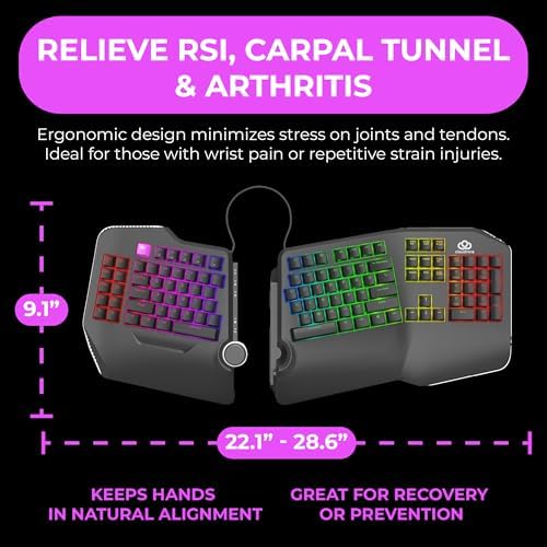 Cloud Nine C989M Ergonomic Mechanical Keyboard for PC - Kailh Tactile Brown Switches - RGB Light Up LED Backlit with USB - Ergo Split Key Board with Macro