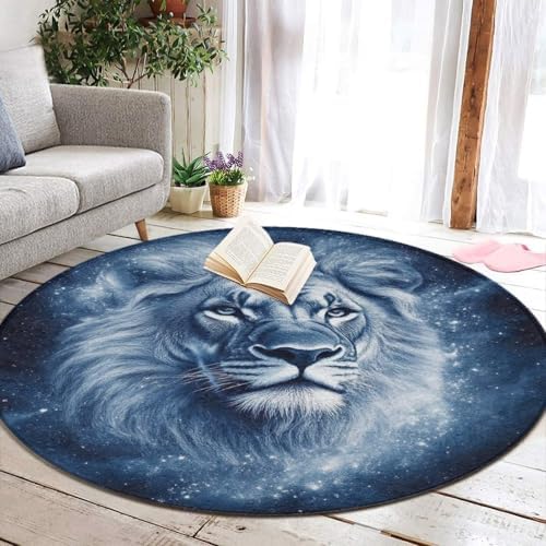 Machine Washable Modern Round Area Rug, Room Sofa Yoga Soft Round Carpet, Home Decor Non Slip Kitchen Office Circle Rug Cool Lion Face, 36inch