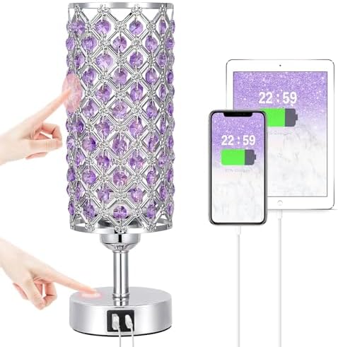 Hong-in Purple Crystal Table Lamp with USB C+A 3-Way Dimmable Bedside Lamp